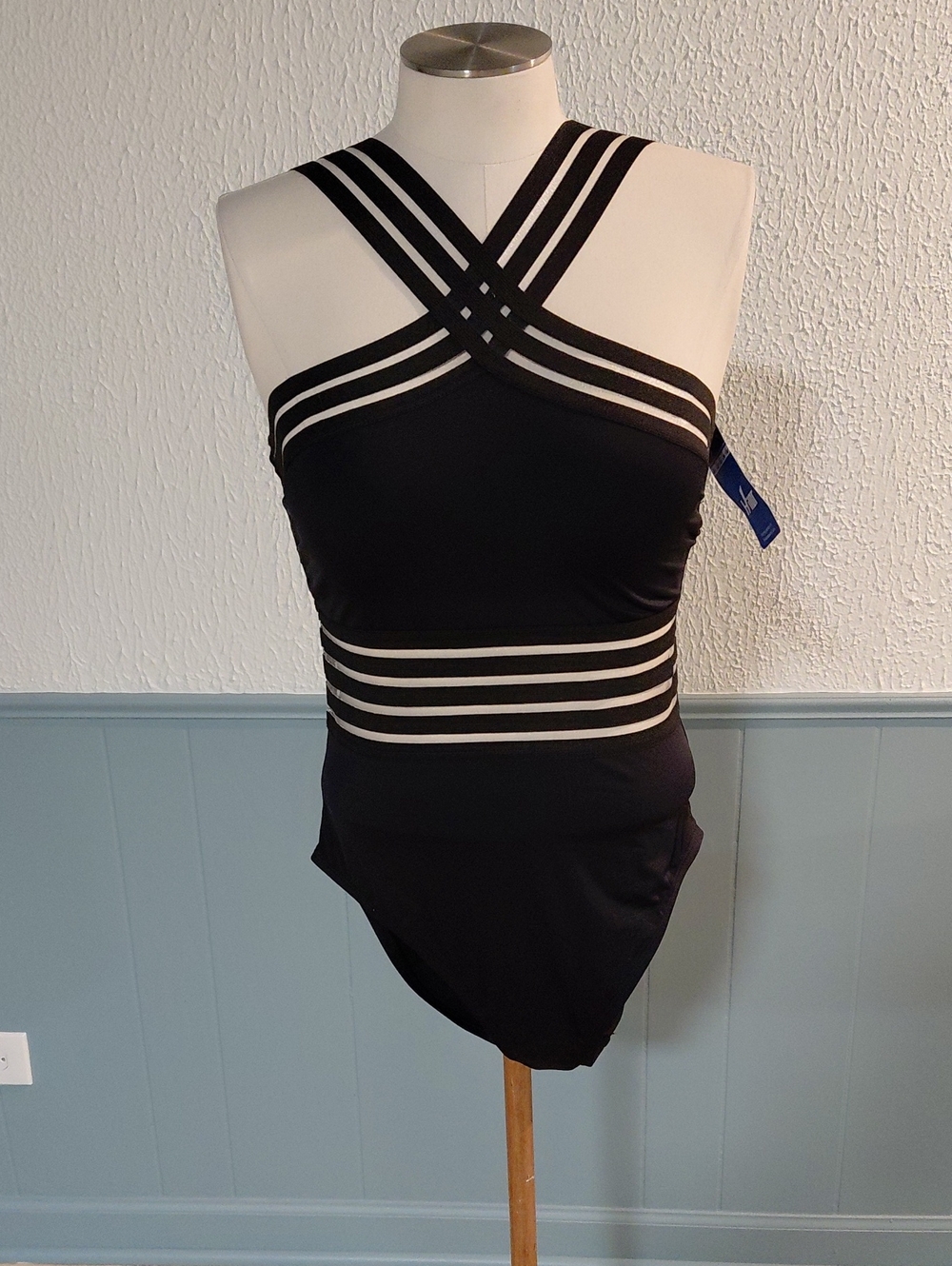 Black One-Piece Swimsuit with Cream Stripe Accents